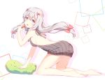  1girl 2429144768 ass backless_outfit bare_back barefoot blue_eyes bow breasts brown_sweater dress eromanga_sensei food fruit hair_bow izumi_sagiri kneeling legs long_hair looking_at_viewer meme_attire naked_sweater open-back_dress open_mouth pink_bow sideboob silver_hair solo strawberry stuffed_animal stuffed_octopus stuffed_toy sweater sweater_dress virgin_killer_sweater 