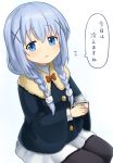  1girl alternate_costume alternate_hairstyle bangs black_legwear blue_eyes blush bow braid coffee coffee_cup cup flying_sweatdrops fur_trim gochuumon_wa_usagi_desu_ka? hair_ornament hairclip holding holding_cup kafuu_chino light_blue_hair long_sleeves looking_at_viewer open_mouth pantyhose pleated_skirt poncho red_bow simple_background sitting skirt solo steam translated twin_braids ug_(nekonekodou) white_background white_skirt x_hair_ornament 