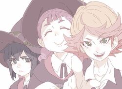  3girls amanda_o&#039;neill black_eyes black_hair closed_eyes constanze_amalie_von_braunschbank-albrechtsberger green_eyes hat jasminka_antonenko little_witch_academia multicolored_hair multiple_girls open_mouth orange_hair pointing pointing_at_viewer purple_hair redhead short_hair smile tasaka_shinnosuke two-tone_hair witch_hat 