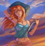  1girl arm_up armpits blue_eyes breasts camisole cleavage clouds crescent crescent_earrings earrings fainttwinkling groin hat jewelry lips medium_breasts midriff navel necklace orange_hair original parted_lips pen pendant ring sky solo star sun_hat tattoo upper_body watermark web_address 