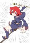  1girl ahoge arai_hiroki belt boots broom broom_riding chariot_du_nord closed_mouth emphasis_lines female flying full_body hair_between_eyes highres holding holding_staff hood hood_down hoodie little_witch_academia long_sleeves looking_at_viewer matching_hair/eyes red_eyes redhead robe shiny_chariot shiny_rod short_hair smile solo staff standing_on_broom white_background wide_sleeves witch 
