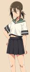 10s 1girl akitetsu brown_hair commentary_request fubuki_(kantai_collection) glaring hand_on_hip highres kantai_collection looking_at_viewer midriff navel ponytail school_uniform short_hair skirt solo 
