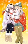  2girls artist_signature bangs blonde_hair blush brown_hair buttons closed_eyes coat earmuffs gloves holding hood hooded_jacket jacket kiss long_hair multiple_girls original red_scarf scarf short_hair sitting smile snowflake_background snowflakes snowman winter winter_clothes yorita_miyuki yuri 