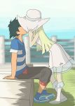  1boy 1girl atomkraftwerk black_hair blonde_hair hat highres implied_kiss lillie_(pokemon) pokemon pokemon_(anime) pokemon_(game) pokemon_sm pokemon_sm_(anime) satoshi_(pokemon) sitting 