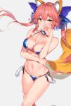  1girl \n/ animal_ears bare_arms bare_shoulders between_breasts bikini blue_bikini blue_bow bow breasts collar eyebrows_visible_through_hair fate/extra fate_(series) floating_hair fox_ears fox_shadow_puppet fox_tail grey_background hair_between_eyes hair_bow hand_on_own_stomach hand_over_face hand_up heart highres jewelry legs_crossed long_hair looking_at_viewer medium_breasts navel necklace pink_hair side-tie_bikini simple_background smile solo stomach swimsuit tail tamamo_(fate)_(all) tamamo_no_mae_(swimsuit_lancer)_(fate) yellow_eyes yuran 