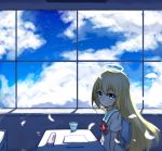  1girl aqua_eyes artist_request blonde_hair chair classroom clouds cloudy_sky desk feathers gabriel_dropout glass halo highres looking_at_viewer paper pencil pencil_case school_uniform serafuku sitting sky smile solo star_(sky) starry_sky tenma_gabriel_white 