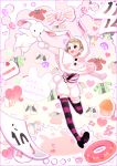  1boy abe_(kumayu) animal_hood blush brown_hair bunny_hood candy cupcake food green_eyes highres himeno_kanon idolmaster idolmaster_side-m purple_legwear solo striped striped_legwear stuffed_animal stuffed_bunny stuffed_toy thigh-highs 