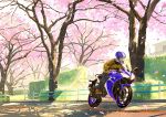  1girl blue_pants brown_gloves brown_jacket cherry_blossoms commentary_request day denim gemi gloves ground_vehicle helmet jeans long_sleeves mobi_motorcycle motor_vehicle motorcycle motorcycle_helmet original outdoors pants petals railing riding solo sunlight tree 