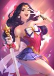  1girl absurdres alternate_costume armlet back_bow black_hair bow bracer dc_comics earrings gloves hair_bow high_heel_boots highres jewelry lasso magical_girl o-pan one_eye_closed open_mouth ribbon skirt smile solo star star_earrings strapless sword thigh-highs tiara v v_over_eye weapon wonder_woman wonder_woman_(series) 