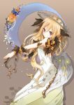  1girl blonde_hair brown_background brown_eyes butterfly dress eyebrows_visible_through_hair grey_wings hair_between_eyes horns long_hair open-back_dress orange_flower original outstretched_arm parted_lips rano8 simple_background sleeveless sleeveless_dress solo standing very_long_hair wings 