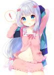  ! 1girl :o absurdres blue_eyes blush bow bow_panties collarbone eromanga_sensei hair_bow highres izumi_sagiri long_hair long_sleeves looking_at_viewer low-tied_long_hair mafuyu_(chibi21) navel open_mouth panties parted_lips pink_bow pink_shirt pink_shorts shirt shorts silver_hair simple_background solo spoken_exclamation_mark underwear very_long_hair white_background white_panties 