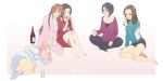  5girls beer_can black_hair brown_hair can cup drinking drinking_glass drunk highres kitazawa_(embers) koharu_yoshino kouzuki_sanae liquor midorikawa_maki multiple_girls oribe_ririko pink_hair pink_pajamas sakura_quest shinomiya_shiori sitting sleeping smile socks 