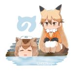  &gt;:/ 2girls :/ :3 :d =_= animal_ears artist_name bathing black_gloves blazer blonde_hair blush bow bowtie brown_hair capriccyo capybara_(kemono_friends) capybara_ears chibi closed_mouth eyebrows_visible_through_hair ezo_red_fox_(kemono_friends) fox_ears fox_tail fur_trim gloves hair_between_eyes jacket japari_symbol japari_symbol_print kemono_friends long_hair multicolored_hair multiple_girls necktie open_mouth partially_submerged pleated_skirt shirt skirt smile squatting streaked_hair tail towel towel_on_head twitter_username two-tone_hair very_long_hair water white_background white_bow white_bowtie white_shirt white_skirt yellow_necktie 