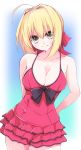  1girl blonde_hair braid breasts cleavage cowboy_shot dress enelis fate/extella fate/extra fate_(series) frilled_dress frills green_eyes hair_ribbon looking_at_viewer medium_breasts red_dress red_ribbon ribbon saber_extra smile solo spaghetti_strap 
