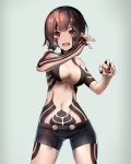  1girl :d breasts brown_eyes brown_hair cleavage hitoshura looking_at_viewer medium_breasts navel nyoronyoro open_mouth shin_megami_tensei_iii:_nocturne short_hair shorts smile solo standing tattoo teeth 