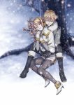  1boy 1girl against_tree black_boots black_pants blonde_hair boots brother_and_sister closed_eyes earmuffs hair_between_eyes kagamine_len kagamine_rin knee_boots mittens outdoors pants pantyhose parted_lips pink_flower siblings snowing spiky_hair suzunosuke_(sagula) tree vocaloid 