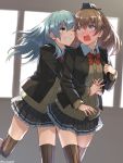  10s 2girls aqua_eyes aqua_hair ascot blazer brown_hair brown_legwear brown_skirt commentary_request hair_ornament hairclip high_ponytail hug hug_from_behind jacket kantai_collection kumano_(kantai_collection) long_hair multiple_girls one_eye_closed pleated_skirt ponytail remodel_(kantai_collection) school_uniform skirt smile somechime_(sometime1209) suzuya_(kantai_collection) 