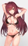  1girl :o arms_up bangs bikini black_bikini breasts cleavage commentary_request criss-cross_halter eyebrows_visible_through_hair fate/grand_order fate_(series) hair_between_eyes halterneck hands_in_hair heart_pendant highres hips long_hair looking_at_viewer medium_breasts multi-strapped_bikini navel open_mouth purple_hair red_eyes scathach_(fate/grand_order) simple_background solo swimsuit thighs waist yuran_(cozyquilt) 