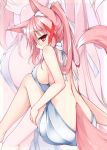  1girl animal_ears backless_outfit blush breasts fox_ears fox_tail hair_ornament hair_ribbon highres japanese_clothes kazamatsuri_kazari large_breasts long_hair looking_at_viewer looking_to_the_side meme_attire mizuki_(kogetsu-tei) naked_sweater original pink_hair ponytail red_eyes ribbed_sweater ribbon sideboob solo sweater tail turtleneck turtleneck_sweater virgin_killer_sweater zoom_layer 