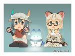  2girls :d animal_ears aqua_eyes artist_name black_gloves black_legwear blonde_hair blood blue_background blue_eyes blue_hair blush border bow bowtie bucket_hat capriccyo cat_ears cat_tail chibi dual_wielding elbow_gloves eyebrows_visible_through_hair full_body gloves glowing glowstick hair_between_eyes hat hat_feather holding kaban_(kemono_friends) kemono_friends looking_away lucky_beast_(kemono_friends) margay_(kemono_friends) margay_print multiple_girls nosebleed open_mouth pantyhose red_shirt shirt short_sleeves shorts silhouette sitting sleeveless sleeveless_shirt smile standing striped_tail tail translation_request twitter_username wariza white_shirt white_shorts 