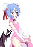  1girl alternate_costume bat_wings blue_hair blush bridal_gauntlets china_dress chinese_clothes cleavage_cutout dress fangs fkey looking_at_viewer open_mouth profile red_eyes remilia_scarlet short_hair side_slit simple_background solo standing thigh-highs touhou wings 