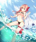  1girl absurdres beach bikini black_bikini blush braid breasts cleavage farcher girls_frontline hair_between_eyes highres jacket jacket_removed long_hair medium_breasts negev_(girls_frontline) pink_hair red_eyes see-through solo standing swimsuit thigh_strap 