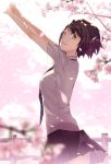  1girl black_hair breasts cherry_blossoms green_eyes kimura_(ykimu) looking_at_viewer necktie original parted_lips school_uniform short_hair skirt smile solo stretched_limb 