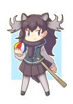  1girl antlers balloon black_eyes black_hair blush_stickers kemono_friends long_hair moose_(kemono_friends) moose_ears moose_tail pleated_skirt pozesuke skirt solo 