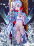  1girl blue_eyes boots english eye_scar ice jewelry legs_crossed myrtenaster necklace rapier rwby snowflakes solo sword thighs throne wangxiii weapon weiss_schnee white_hair 