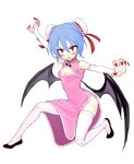  1girl alternate_costume bat_wings blue_hair blush bridal_gauntlets china_dress chinese_clothes cleavage_cutout dress fang fkey full_body looking_at_viewer open_mouth red_eyes remilia_scarlet short_hair side_slit simple_background solo thigh-highs touhou wings 