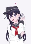  10s 1girl akatsuki_(kantai_collection) anchor_symbol black_hair black_hat earrings flat_cap hat jewelry kantai_collection long_hair looking_at_viewer neckerchief ojipon open_mouth red_neckerchief school_uniform serafuku solo triangle violet_eyes 