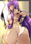  1girl absurdres agetama armband ass bracelet dark_skin earrings egyptian_clothes facial_mark fate/grand_order fate_(series) from_below hand_on_hip highres hoop_earrings jewelry looking_back nitocris_(fate/grand_order) purple_hair smirk solo staff standing vambraces violet_eyes 
