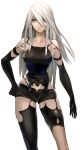  1girl android black_gloves blue_eyes breasts elbow_gloves gloves hair_over_one_eye hand_on_hip highres laio long_hair medium_breasts mole mole_under_mouth nier_(series) nier_automata robot_joints short_shorts shorts silver_hair solo white_background yorha_type_a_no._2 