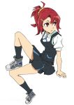  1girl arai_hiroki arm_support hair_ornament hairclip highres kiznaiver ponytail red_eyes redhead school_uniform scrunchie sitting solo takashiro_chidori white_background 