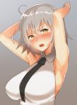  1girl ahoge arito_arayuru armpits arms_up blush breasts fate/grand_order fate_(series) gradient gradient_background grey_background jeanne_alter large_breasts necktie ruler_(fate/apocrypha) short_hair silver_hair solo yellow_eyes 