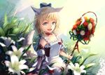 1girl :d animal_ears apron augu_(523764197) blade_&amp;_soul blue_bow blue_eyes bow choker collarbone detached_sleeves flower grass lily_(flower) looking_to_the_side maid open_mouth ponytail smile solo staff tail wrist_cuffs 