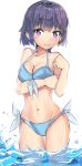  1girl angry aqua_bikini bikini blush breasts cleavage cowboy_shot embarrassed eromanga_sensei front-tie_top frown highres looking_at_viewer medium_breasts navel purple_hair senju_muramasa short_hair side-tie_bikini simple_background solo swimsuit violet_eyes water white_background xly_97 