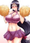  1girl bare_shoulders black_hair blush breasts character_name cheerleader cleavage cleavage_cutout collarbone commentary_request fate/grand_order fate_(series) flying_sweatdrops hands_up highres kanno_takanori large_breasts long_hair midriff minamoto_no_raikou_(fate/grand_order) navel pleated_skirt pom_poms purple_skirt simple_background skirt smile solo sweatdrop thighs very_long_hair violet_eyes waist 