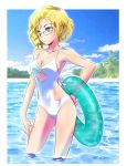  1girl blonde_hair breasts casual casual_one-piece_swimsuit cleavage contrapposto earrings glasses glynda_goodwitch green_eyes hair_bun hand_on_hip hand_on_own_thigh iesupa innertube jewelry looking_away medium_breasts o-ring_swimsuit one-piece_swimsuit outdoors rwby solo swimsuit wading white_swimsuit 