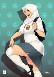  1girl 2017 artist_name backpack bag black_footwear blush braces breasts brown_eyes highres hijab large_breasts looking_at_viewer mary_janes miniskirt open_mouth original school_uniform shoes skirt smile solo thigh-highs white_legwear zephyr_aile 