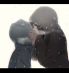  2girls black_hair closed_eyes commentary_request hidden_face highres hood hooded_jacket jacket kiss multiple_girls original outdoors roisa simple_background snowing winter winter_clothes yuri 