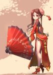  1girl absurdres brown_hair china_dress chinese_clothes dress flower from_side full_body hair_flower hair_ornament high_heels highres jewelry legs long_hair looking_at_viewer oriental_umbrella original red_eyes side_slit smile solo splish standing umbrella wide_sleeves 