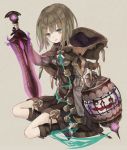 1girl boots breasts brown_hair cage cloak dress full_body green_eyes gretel_(sinoalice) hansel_(sinoalice) holding holding_sword holding_weapon hood hooded_cloak lantern looking_at_viewer oro_ponzu patterned_clothing seiza short_hair shorts simple_background sinoalice sitting smile solo sword weapon 