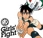  1girl black_hair blue_eyes highres knee_pads nihonbashi_yowoko official_art ooishi_neri short_hair shorts shoujo_fight sleeveless solo sportswear taped_fingers volleyball volleyball_uniform white_background 