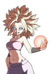  1girl arm_at_side armband armpits bare_shoulders big_hair blonde_hair blue_eyes breasts caulifla cleavage collarbone cowboy_shot dragon_ball dragon_ball_super eyelashes facing_viewer grin groin hair_intakes hand_on_hip light looking_at_viewer medium_breasts midriff navel no_pupils pants purple_pants simple_background smile solo spiky_hair standing strapless super_saiyan teeth tell toned tubetop white_background 