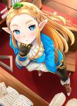  1girl bangs black_pants blonde_hair blue_eyes blush braid french_braid frog from_above highres long_hair looking_at_viewer on_head pants parted_bangs pointy_ears princess_zelda solo the_legend_of_zelda the_legend_of_zelda:_breath_of_the_wild 