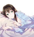  1girl bangs bed_sheet black_hair blue_shirt blush breasts buttons cleavage closed_mouth collarbone eyebrows_visible_through_hair furururu green_eyes hair_between_eyes idolmaster idolmaster_cinderella_girls long_hair long_sleeves looking_at_viewer lying on_side pajamas partially_unbuttoned pillow pillow_grab shibuya_rin shirt small_breasts smile solo upper_body white_background 