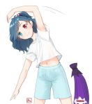  1girl alternate_costume alternate_hairstyle blue_eyes blue_hair blue_shorts heterochromia karakasa_obake kitano_(kitanosnowwhite) midriff one-eyed purple_umbrella red_eyes shirt short_sleeves shorts simple_background smile solo stretch t-shirt tatara_kogasa tied_hair touhou umbrella white_background white_shirt 