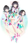  3girls arm_up a~chan black_hair brown_eyes collarbone dress earrings fly_333 full_body high_heels jewelry kashiyuka long_hair looking_at_viewer multiple_girls nocchi_(perfume) parted_lips perfume real_life short_dress short_hair short_sleeves simple_background smile white_background 