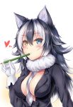  1girl :&gt; absurdres animal_ears between_breasts black_hair black_jacket blue_eyes blush breast_pocket breasts cleavage closed_mouth detached_collar eyebrows_visible_through_hair fur_collar gloves gradient gradient_background gradient_hair grey_wolf_(kemono_friends) hair_between_eyes heart heterochromia highres holding holding_pencil jacket kemono_friends large_breasts long_hair long_sleeves lotpe multicolored_hair necktie necktie_between_breasts no_bra open_clothes open_jacket pencil plaid plaid_necktie pocket shiny shiny_skin silver_hair solo upper_body white_background white_gloves wolf_ears yellow_eyes 